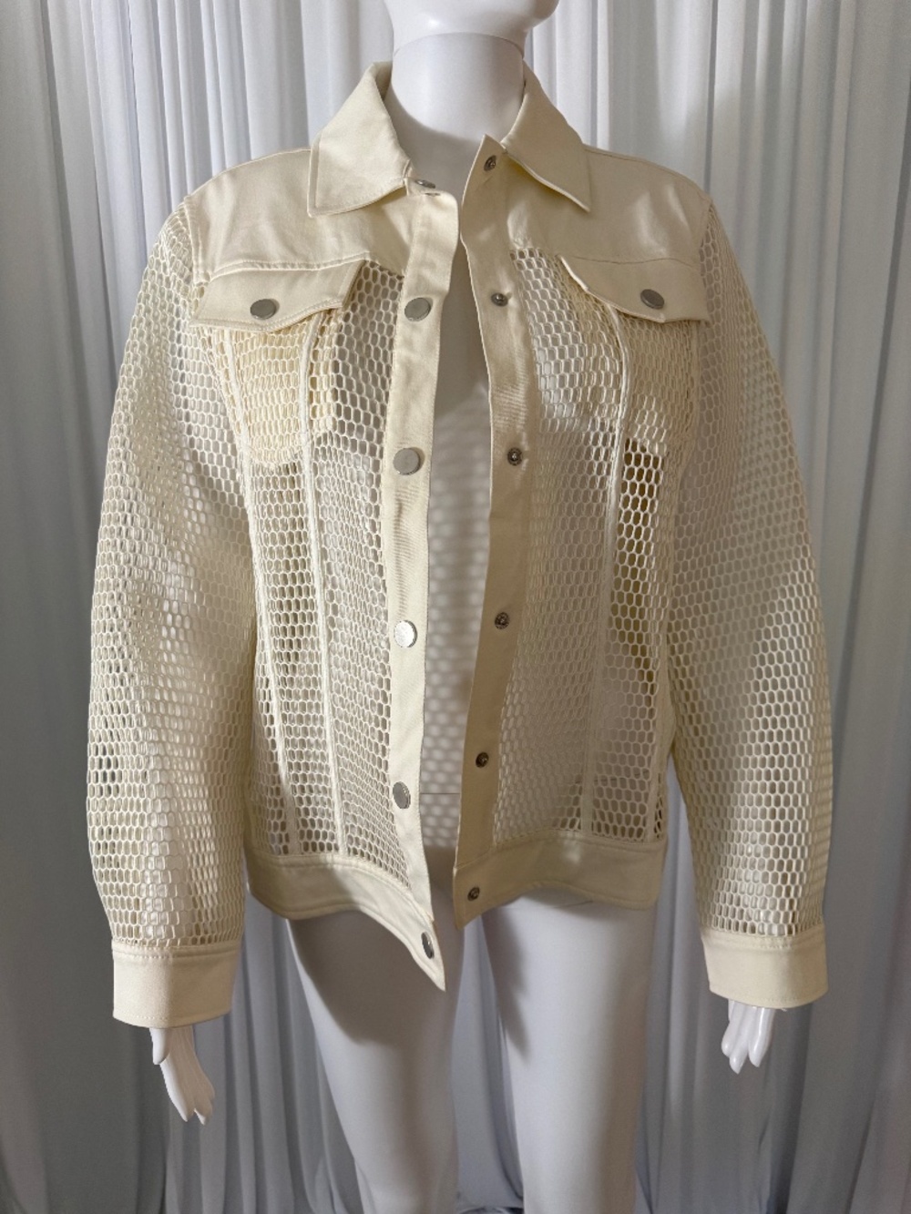 Marla Wynne Mesh Utility Jacket Ivory Open Weave Snap Front NWT Size M